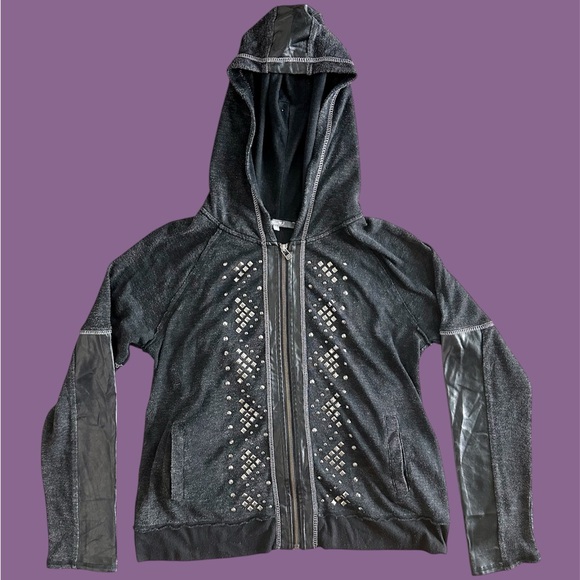 Miss Me Woman’s Large Sweater Jacket Goth Studded Heather Black Faux Leather Y2K - Picture 1 of 9
